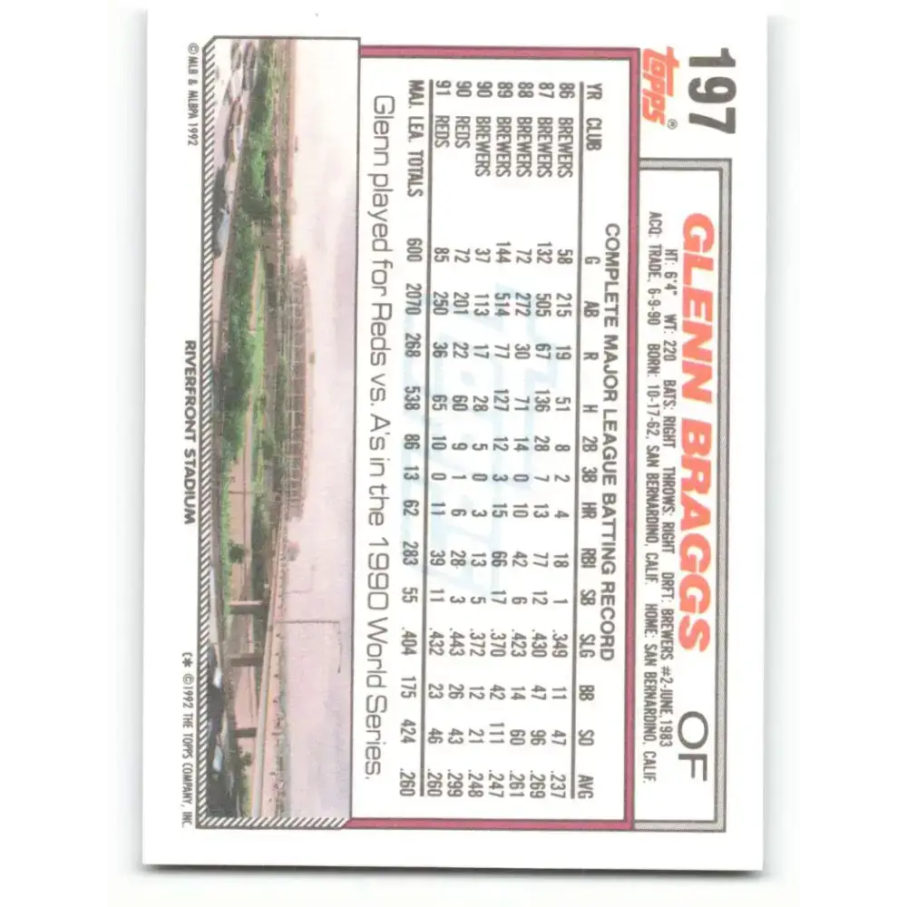 1992 Topps #197 Glenn Braggs NM-MT Cincinnati Reds Baseball Card - Baseball Card Single