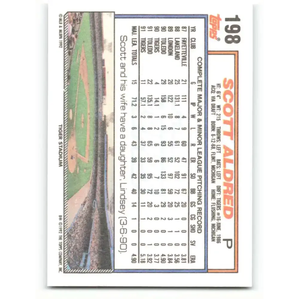 1992 Topps #198 Scott Aldred NM-MT Detroit Tigers Baseball Card - Baseball Card Single