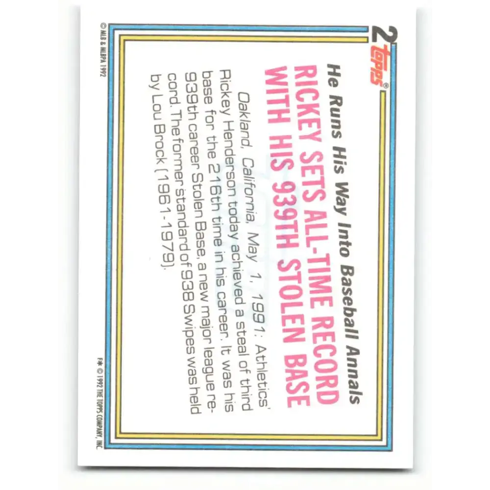 1992 Topps #2 Rickey Henderson EX Excellent Oakland Athletics Baseball Card - Collectible Trading Cards