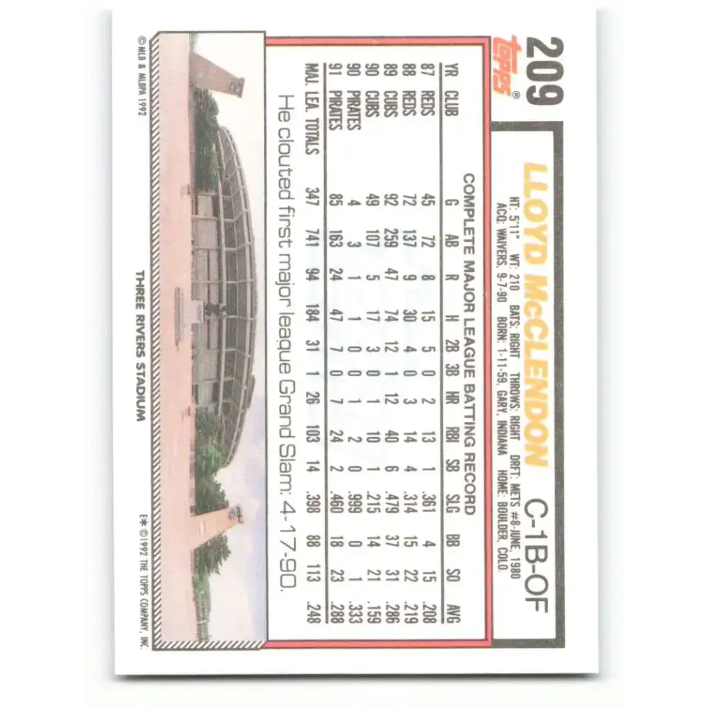 1992 Topps #209 Lloyd McClendon NM-MT Pittsburgh Pirates Baseball Card - Baseball Card Single