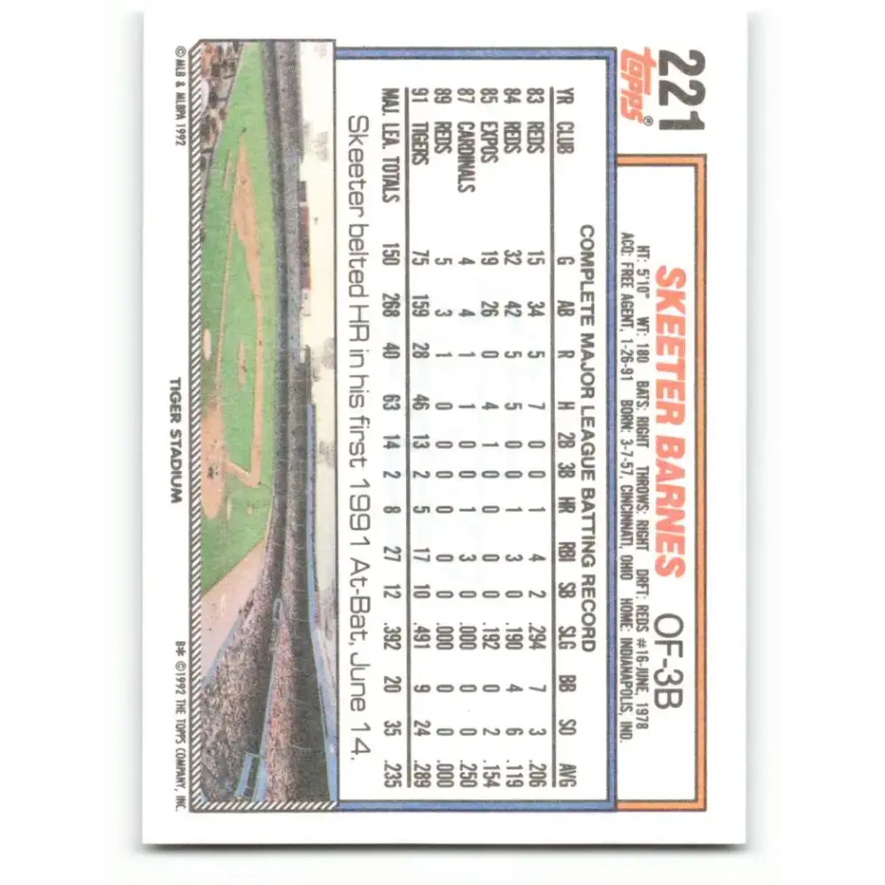 1992 Topps #221 Skeeter Barnes NM-MT Detroit Tigers Baseball Card - Baseball Card Single