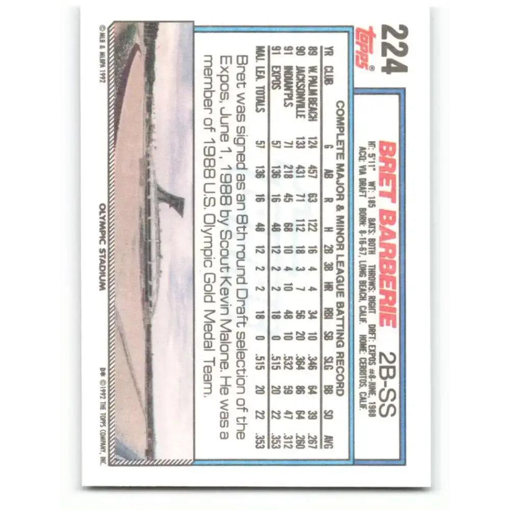 1992 Topps #224 Bret Barberie NM-MT Montreal Expos Baseball Card - Baseball Card Single