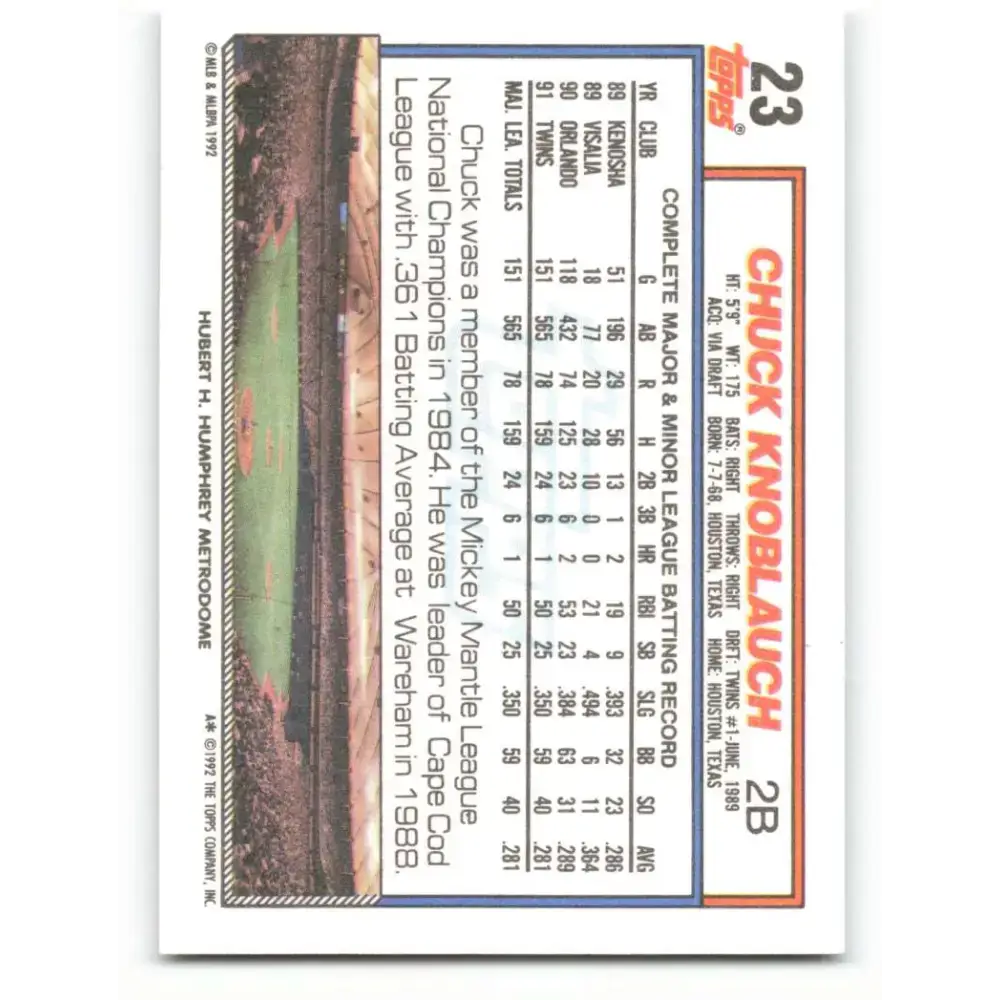 1992 Topps #23 Chuck Knoblauch NM-MT Minnesota Twins Baseball Card - Baseball Card Single