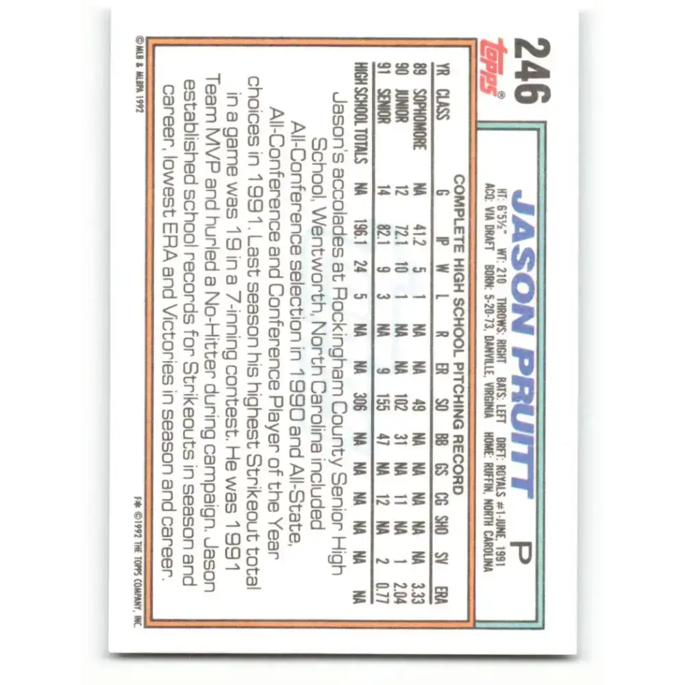 1992 Topps #246 Jason Pruitt EX Excellent RC Rookie Kansas City Royals Baseball Card - Baseball Card Single