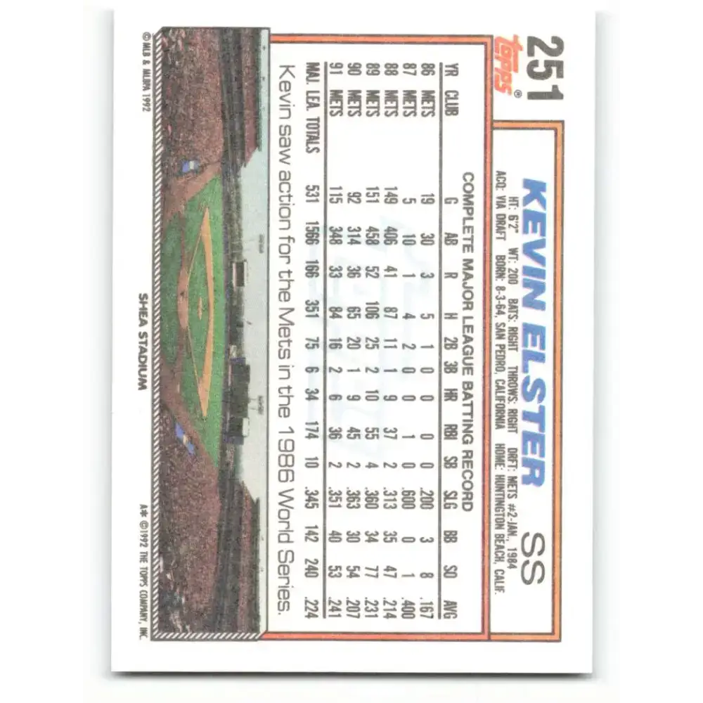 1992 Topps #251 Kevin Elster NM-MT New York Mets Baseball Card - Baseball Card Single