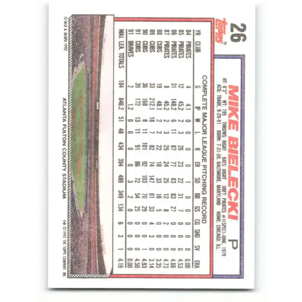 1992 Topps #26 Mike Bielecki NM-MT Atlanta Braves Baseball Card - Baseball Card Single