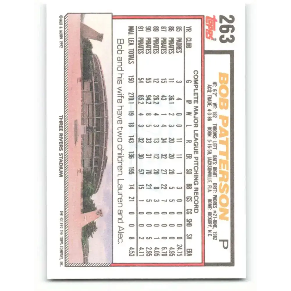 1992 Topps #263 Bob Patterson NM-MT Pittsburgh Pirates Baseball Card - Baseball Card Single