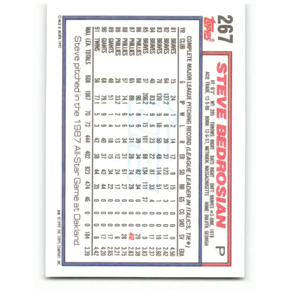 1992 Topps #267 Steve Bedrosian EX Excellent Minnesota Twins Baseball Card - Baseball Card