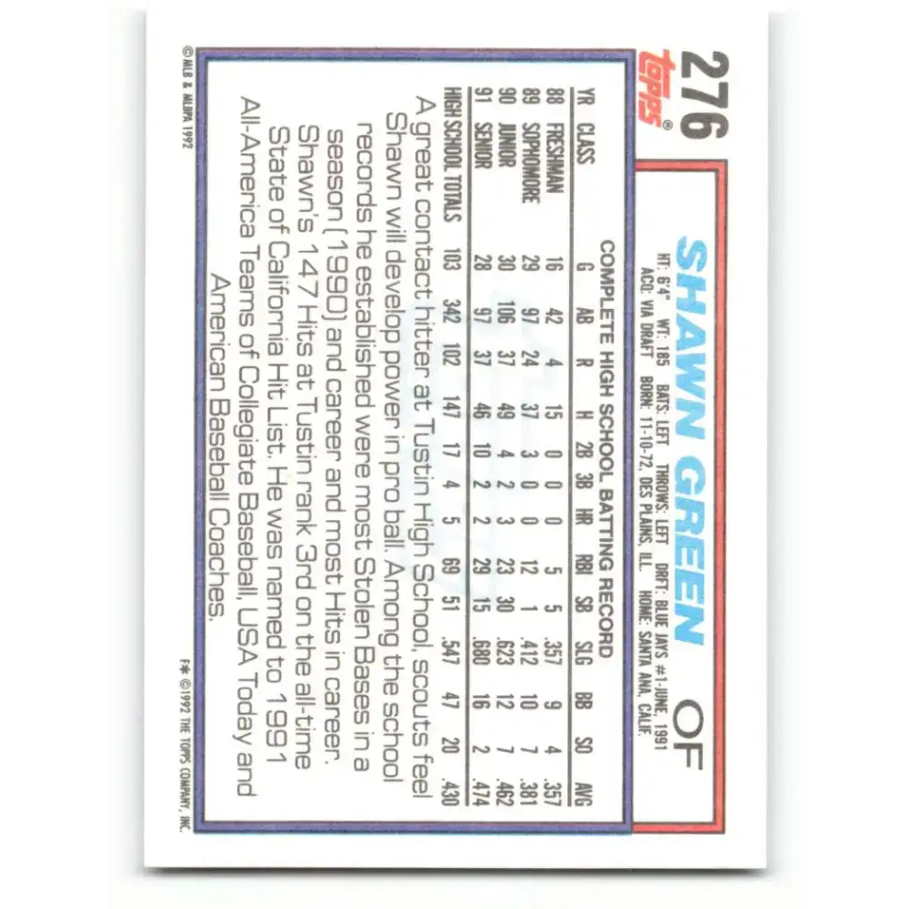 1992 Topps #276 Shawn Green EX Excellent RC Rookie Toronto Blue Jays Baseball Card - Baseball Card