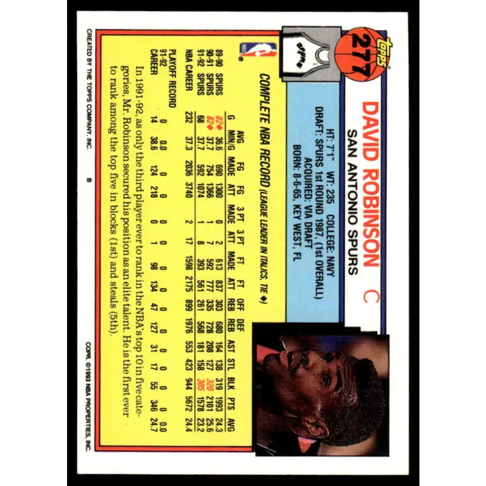 1992 Topps #277 David Robinson NM/MT San Antonio Spurs Basketball Card - Basketball Card Single