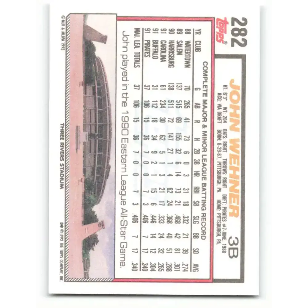 1992 Topps #282 John Wehner NM-MT Pittsburgh Pirates Baseball Card - Baseball Card Single