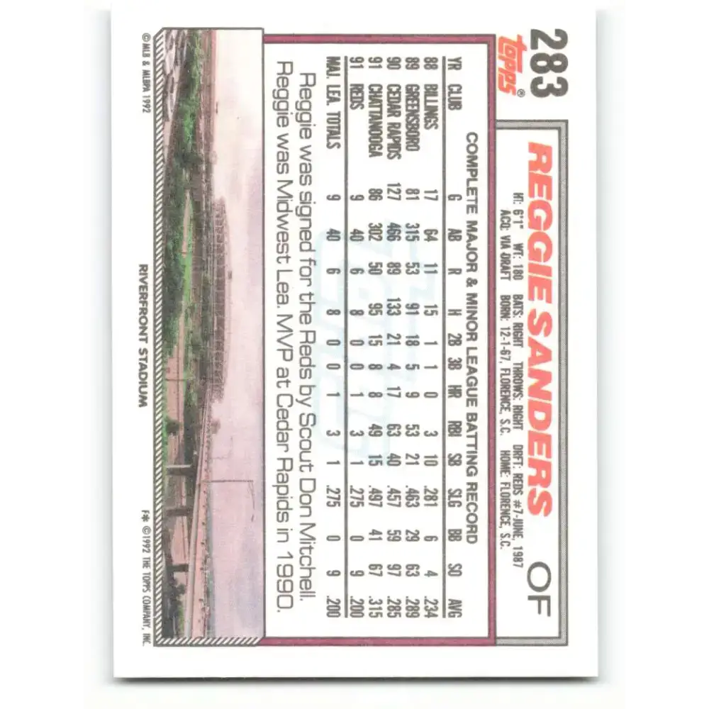 1992 Topps #283 Reggie Sanders EX Excellent Cincinnati Reds Baseball Card - Baseball Card