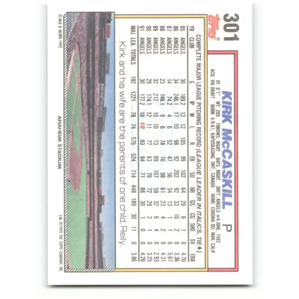 1992 Topps #301 Kirk McCaskill NM-MT California Angels Baseball Card - Baseball Card Single