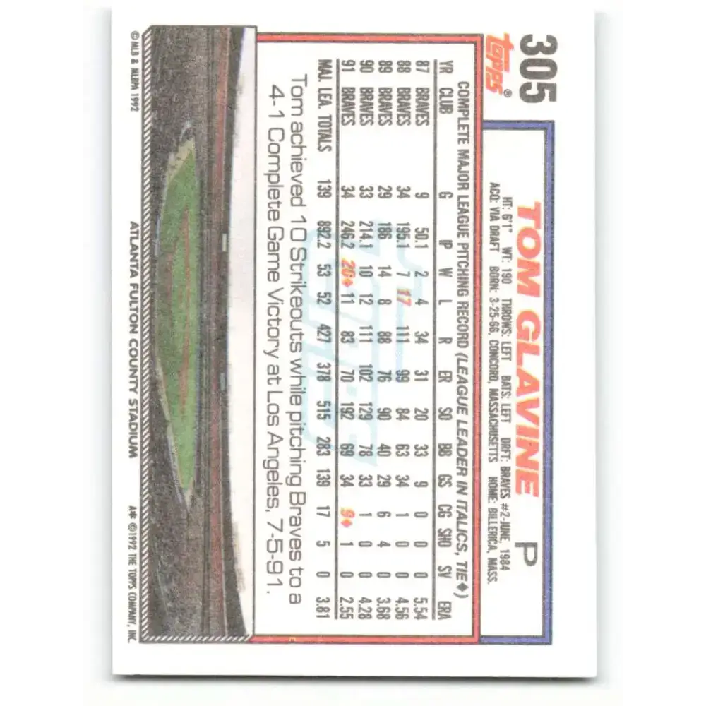 1992 Topps #305 Tom Glavine NM-MT Atlanta Braves Baseball Card