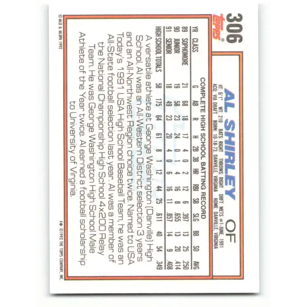 1992 Topps #306 Al Shirley NM-MT RC Rookie New York Mets Baseball Card - Baseball Card Single