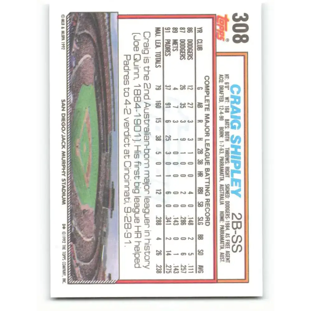 1992 Topps #308 Craig Shipley NM-MT San Diego Padres Baseball Card