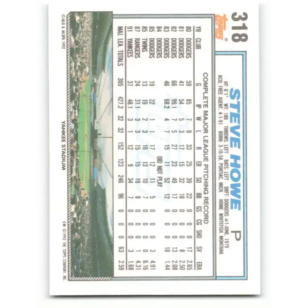 1992 Topps #318 Steve Howe NM-MT New York Yankees Baseball Card