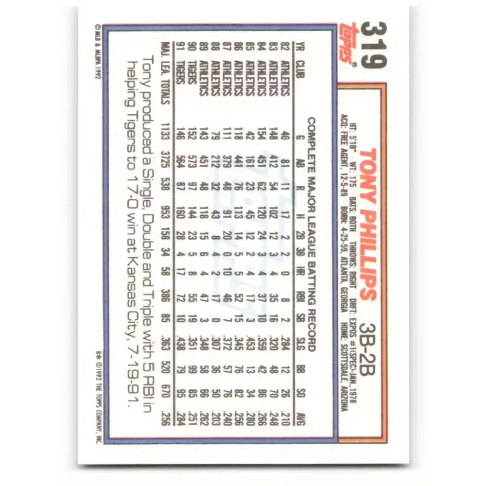 1992 Topps #319 Tony Phillips NM-MT Detroit Tigers Baseball Card - Baseball Card Single