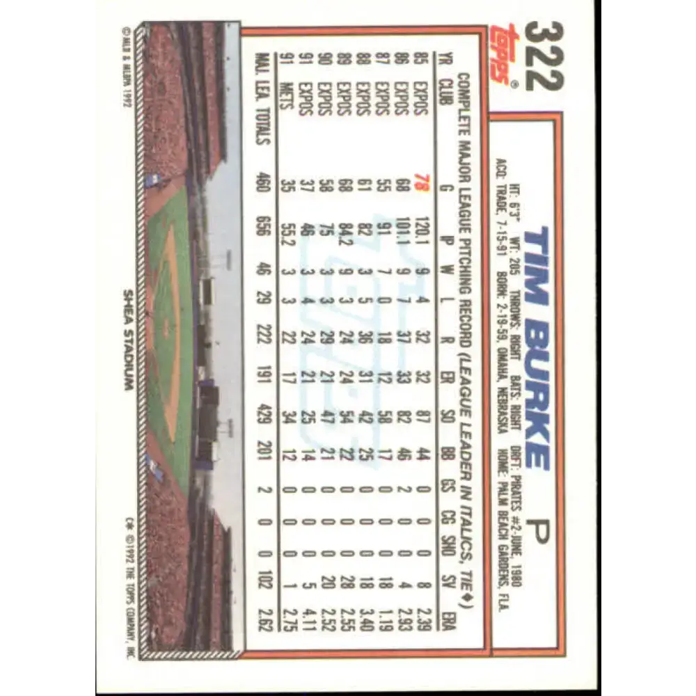 1992 Topps #322 Tim Burke NM-MT New York Mets Baseball Card - Baseball Card Single
