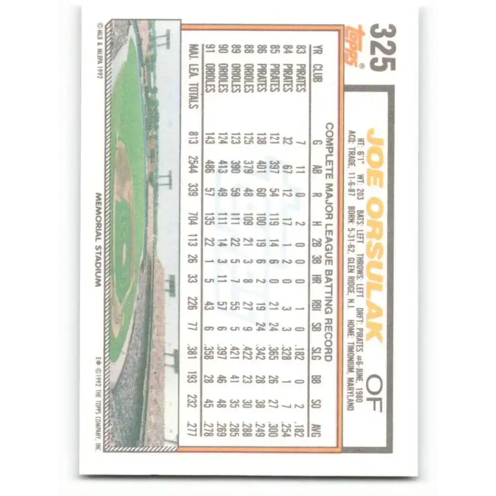 1992 Topps #325 Joe Orsulak NM-MT Baltimore Orioles Baseball Card - Baseball Card Single