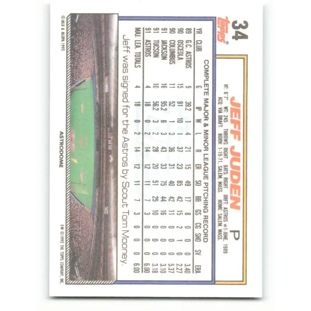 1992 Topps #34 Jeff Juden NM-MT Houston Astros Baseball Card - Baseball Card Single