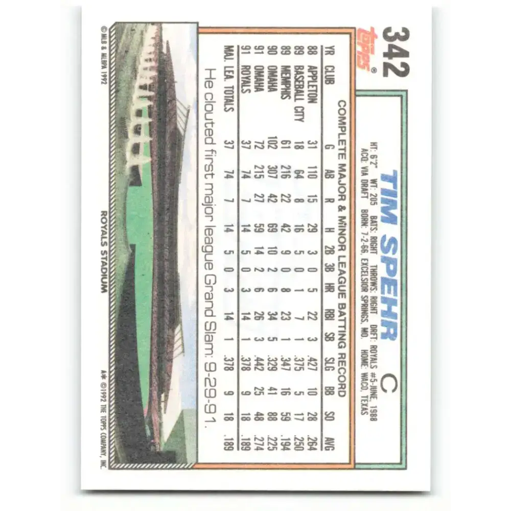 1992 Topps #342 Tim Spehr NM-MT Kansas City Royals Baseball Card - Baseball Card Single