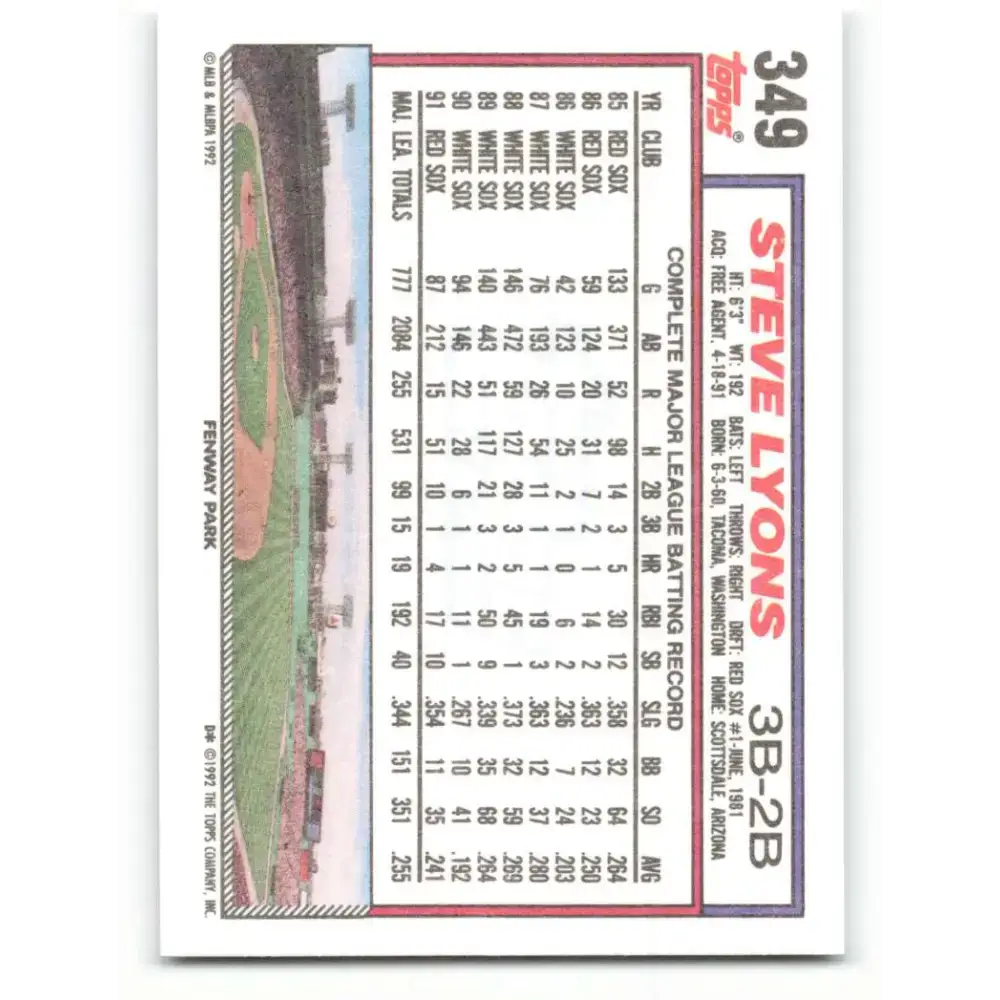 1992 Topps #349 Steve Lyons NM-MT Boston Red Sox Baseball Card - Baseball Card Single