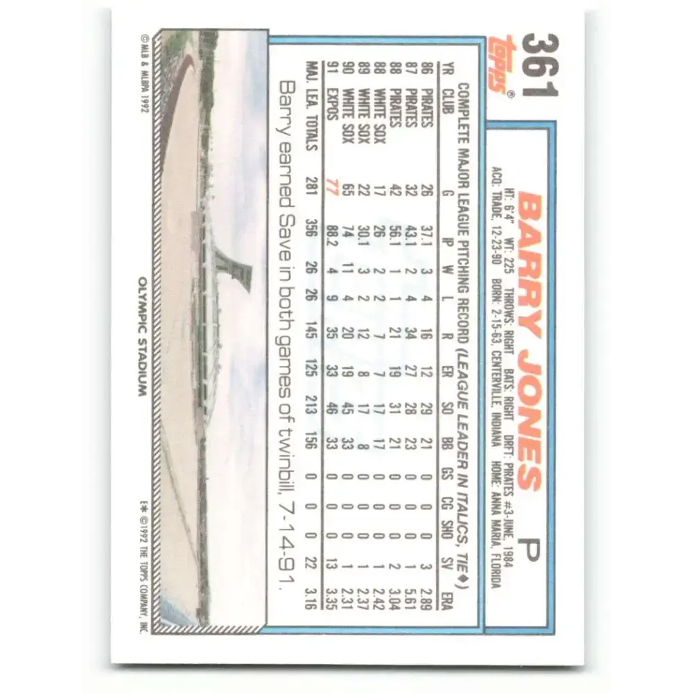 1992 Topps #361 Barry Jones NM-MT Montreal Expos Baseball Card - Baseball Card Single