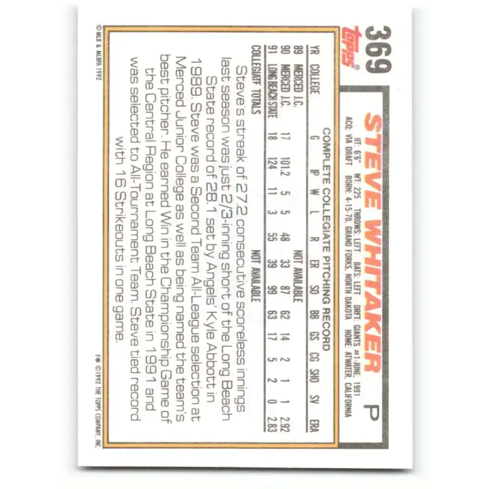 1992 Topps #369 Steve Whitaker NM-MT RC Rookie San Francisco Giants Baseball Card - Baseball Card Single
