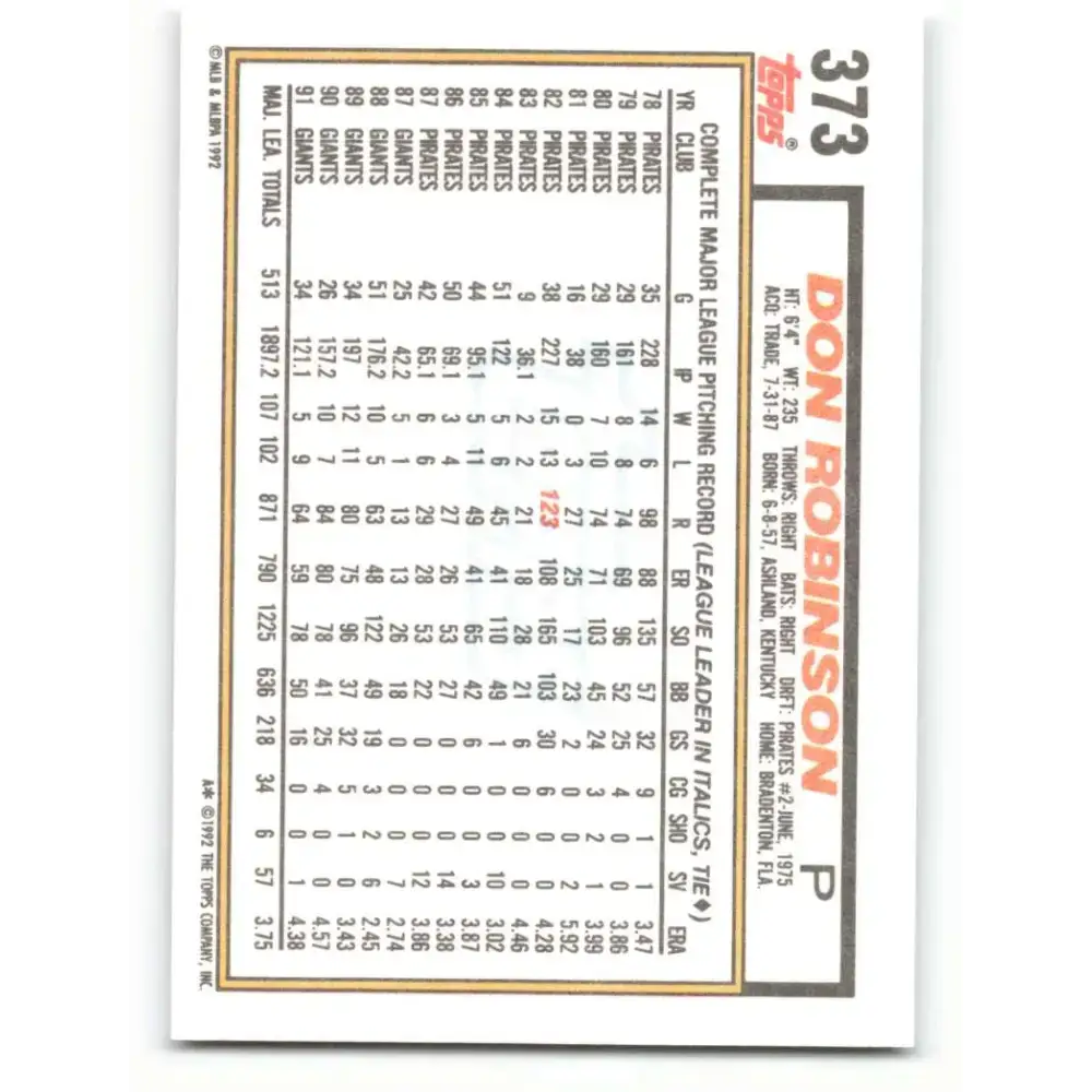 1992 Topps #373 Don Robinson NM-MT San Francisco Giants Baseball Card - Baseball Card Single