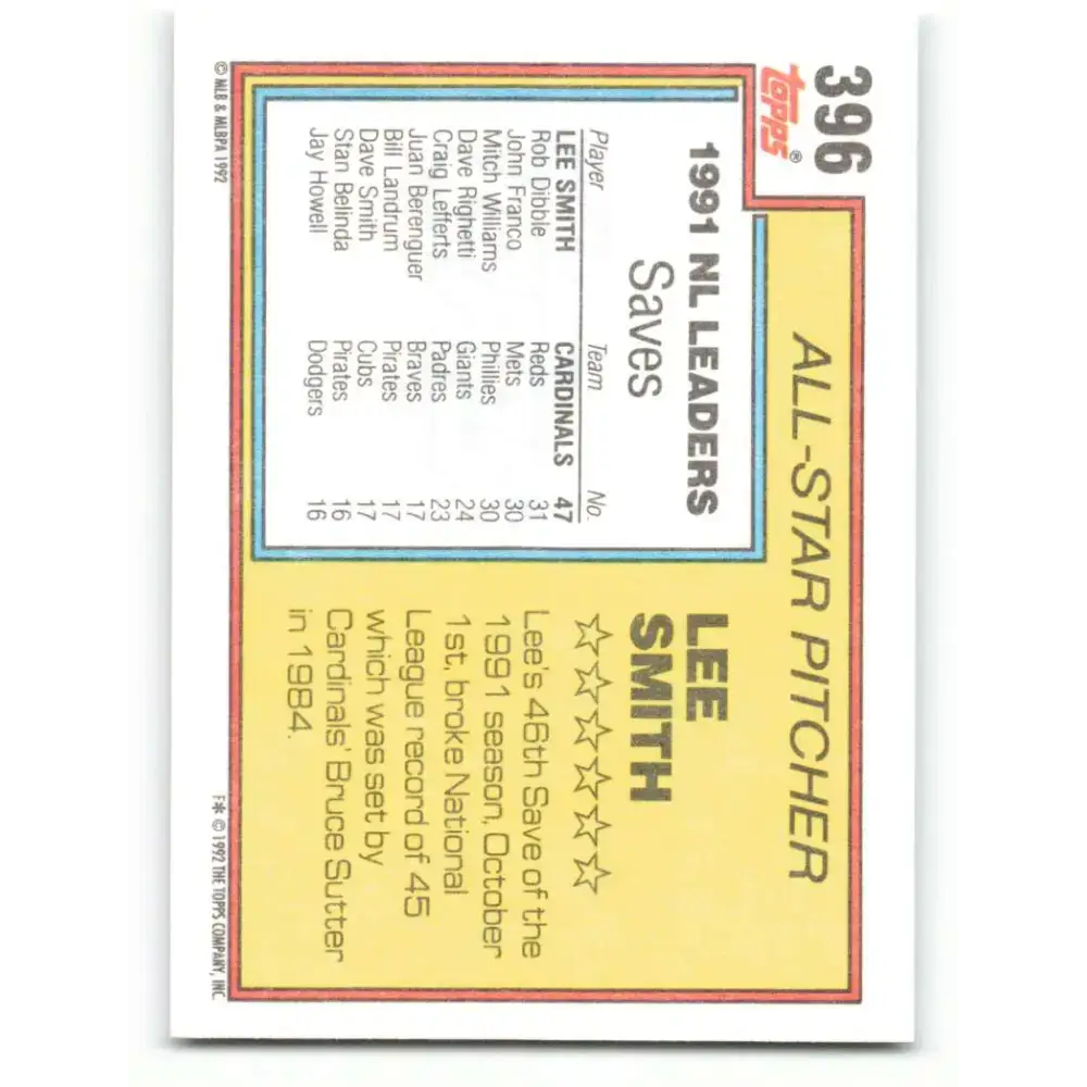 1992 Topps #396 Lee Smith NM-MT St. Louis Cardinals Baseball Card - Baseball Card Single