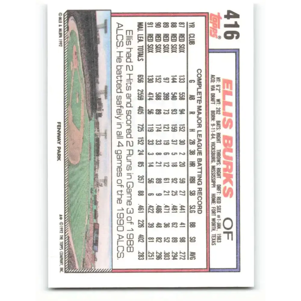 1992 Topps #416 Ellis Burks NM-MT Boston Red Sox Baseball Card - Baseball Card Single