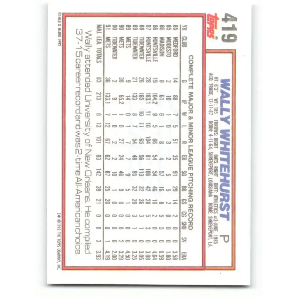 1992 Topps #419 Wally Whitehurst NM-MT New York Mets Baseball Card - Baseball Card Single