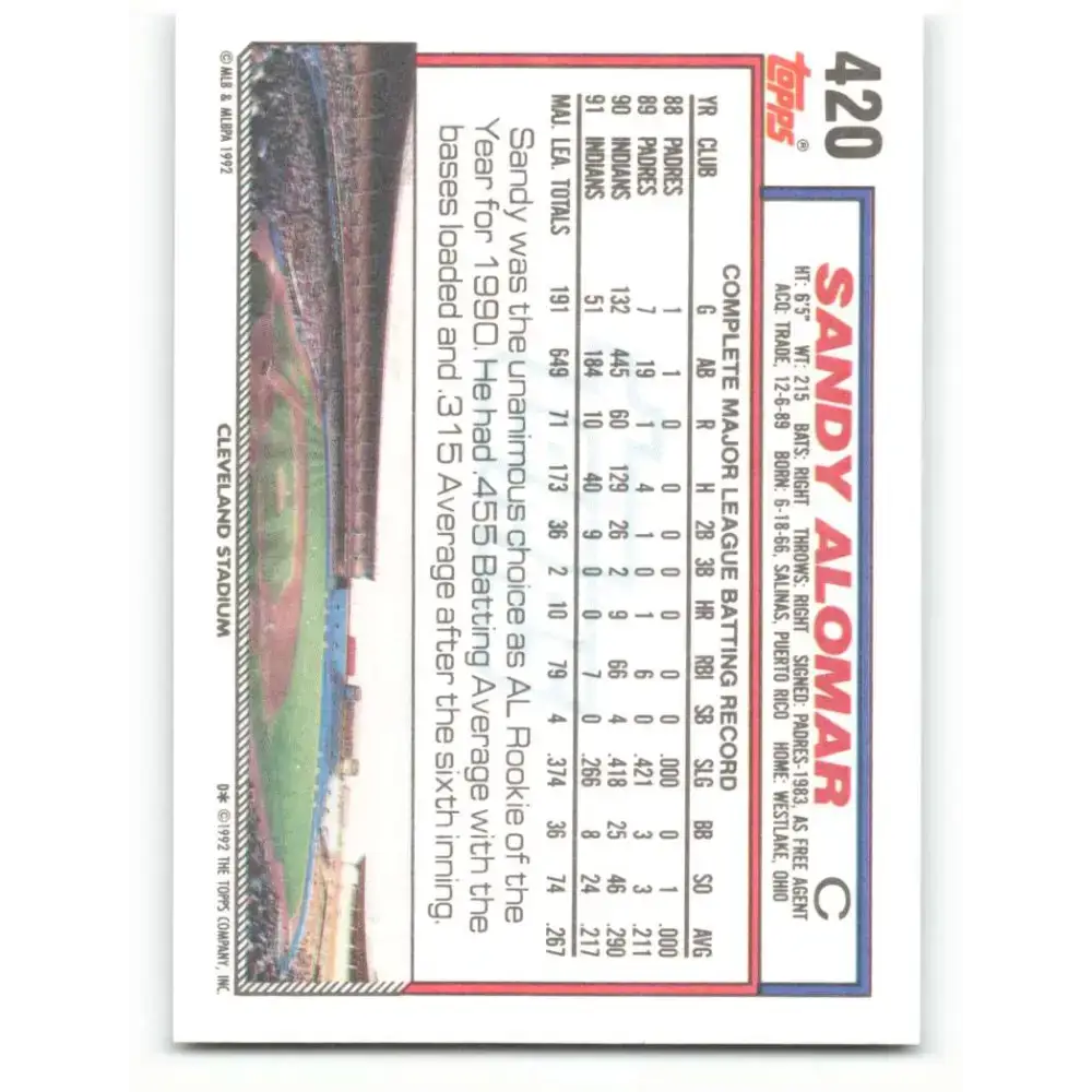 1992 Topps #420 Sandy Alomar Jr. NM-MT Cleveland Indians Baseball Card - Baseball Card Single