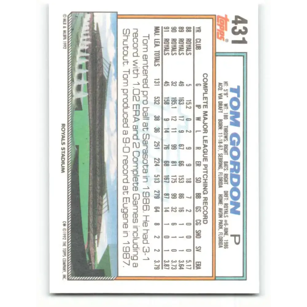 1992 Topps #431 Tom Gordon NM-MT Kansas City Royals Baseball Card - Baseball Card Single