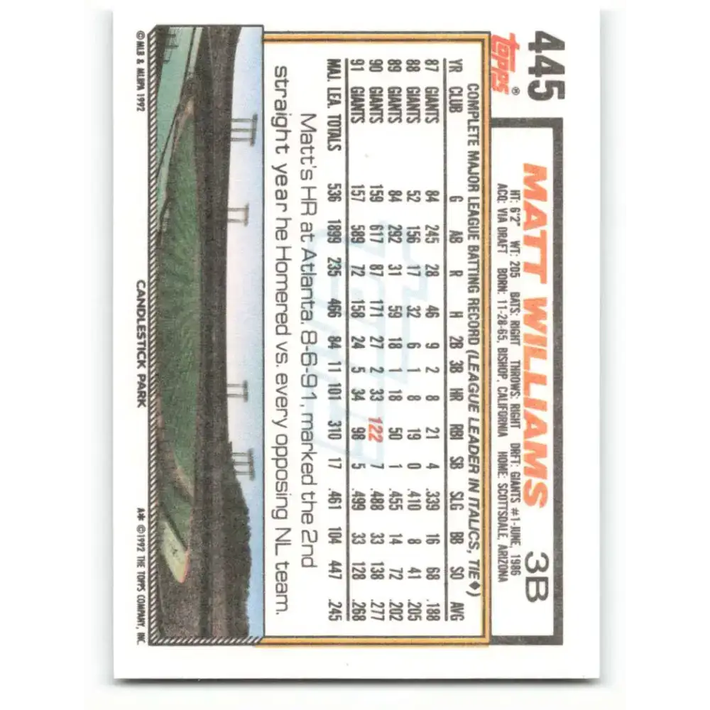 1992 Topps #445 Matt Williams NM-MT San Francisco Giants Baseball Card