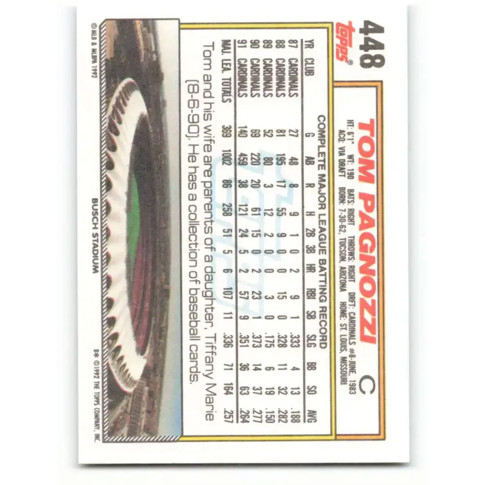 1992 Topps #448 Tom Pagnozzi NM-MT St. Louis Cardinals Baseball Card - Baseball Card Single