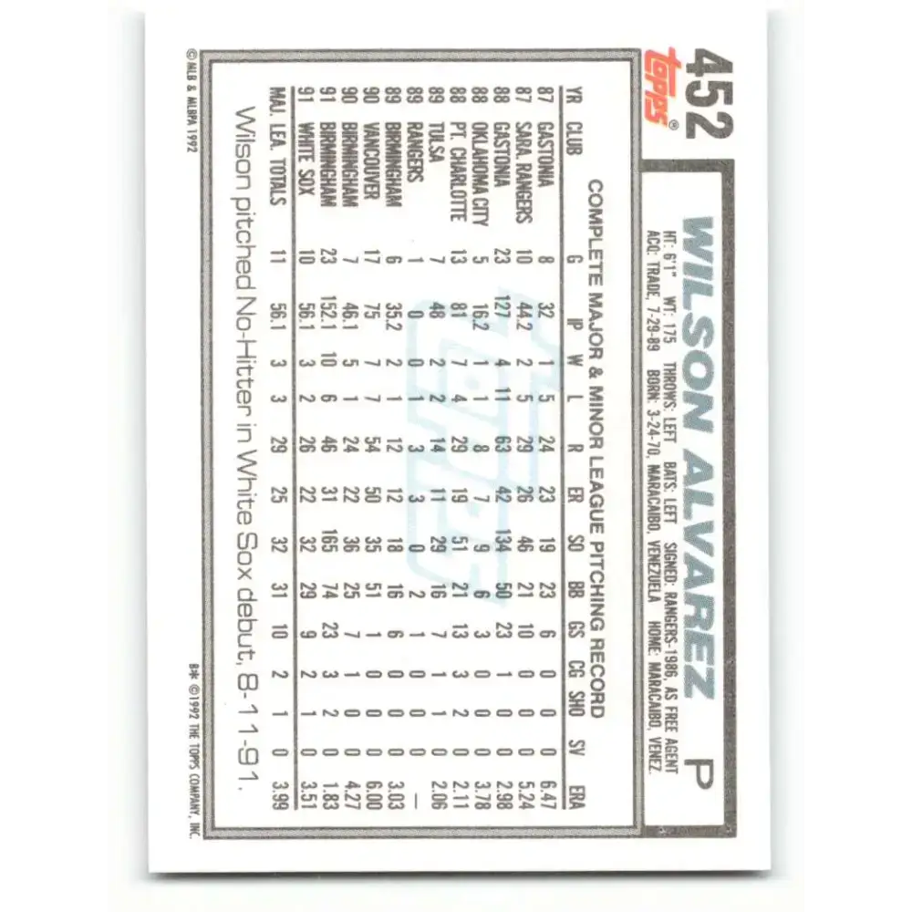 1992 Topps #452 Wilson Alvarez EX Excellent Chicago White Sox Baseball Card - Baseball Card