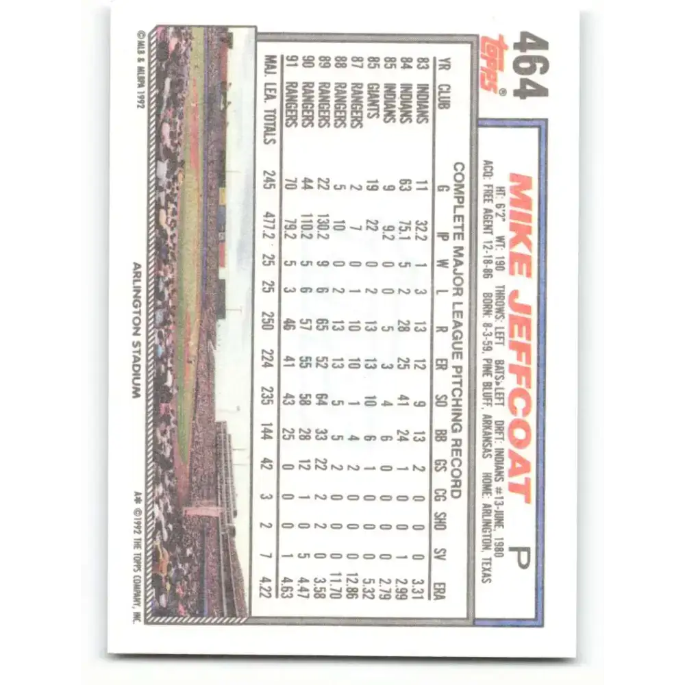 1992 Topps #464 Mike Jeffcoat NM-MT Texas Rangers Baseball Card - Baseball Card Single