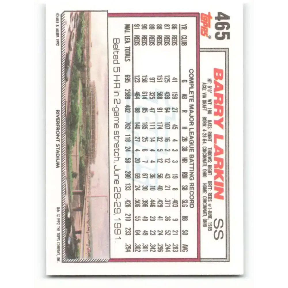 1992 Topps #465 Barry Larkin EX Excellent Cincinnati Reds Baseball Card - Baseball Card