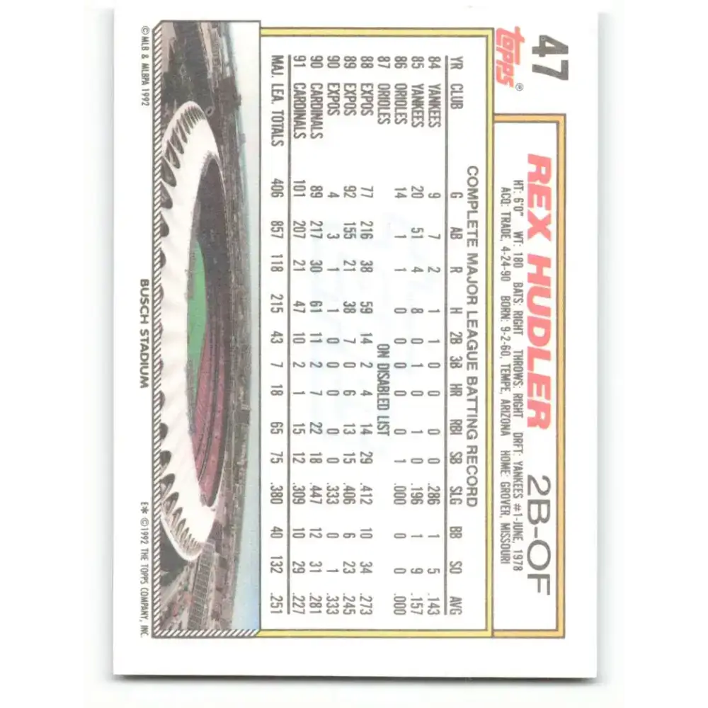 1992 Topps #47 Rex Hudler NM-MT St. Louis Cardinals Baseball Card - Baseball Card Single