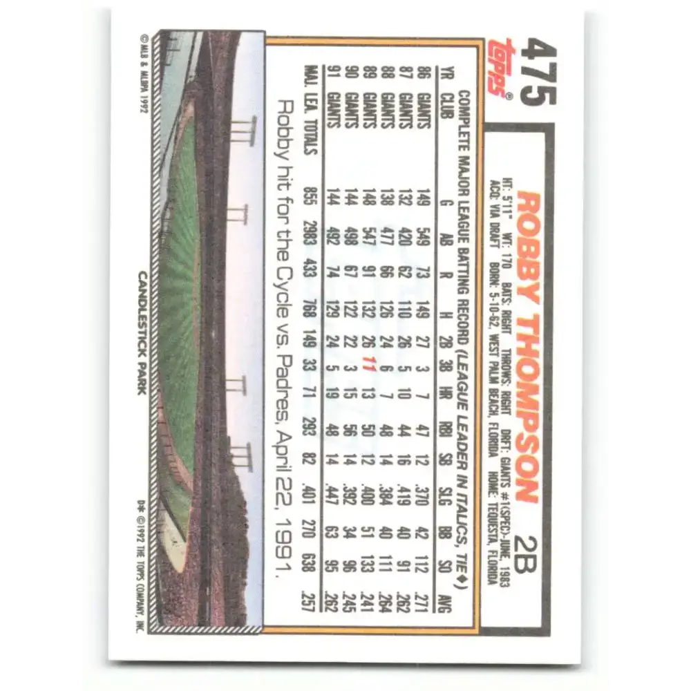 1992 Topps #475 Robby Thompson NM-MT San Francisco Giants Baseball Card - Baseball Card Single
