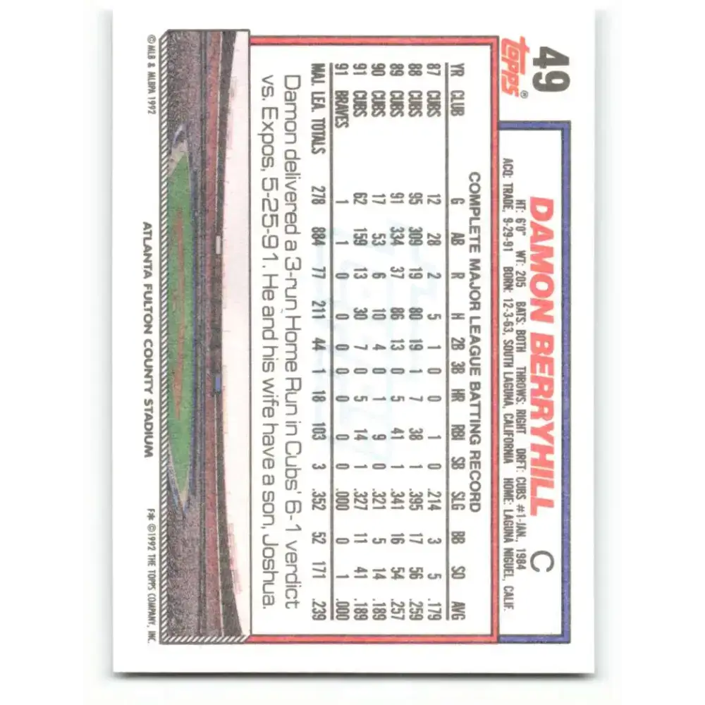 1992 Topps #49 Damon Berryhill NM-MT Atlanta Braves Baseball Card - Baseball Card Single