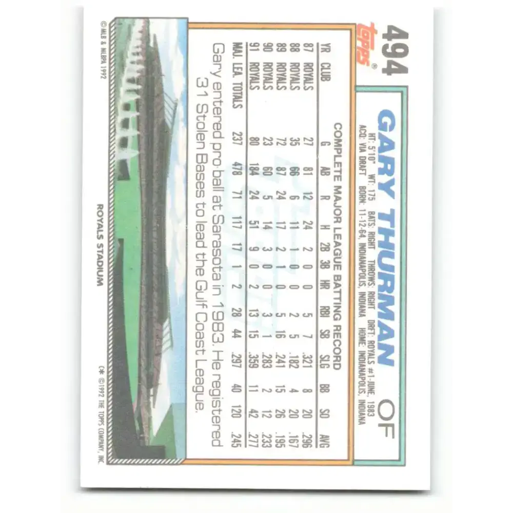 1992 Topps #494 Gary Thurman NM-MT Kansas City Royals Baseball Card - Baseball Card Single
