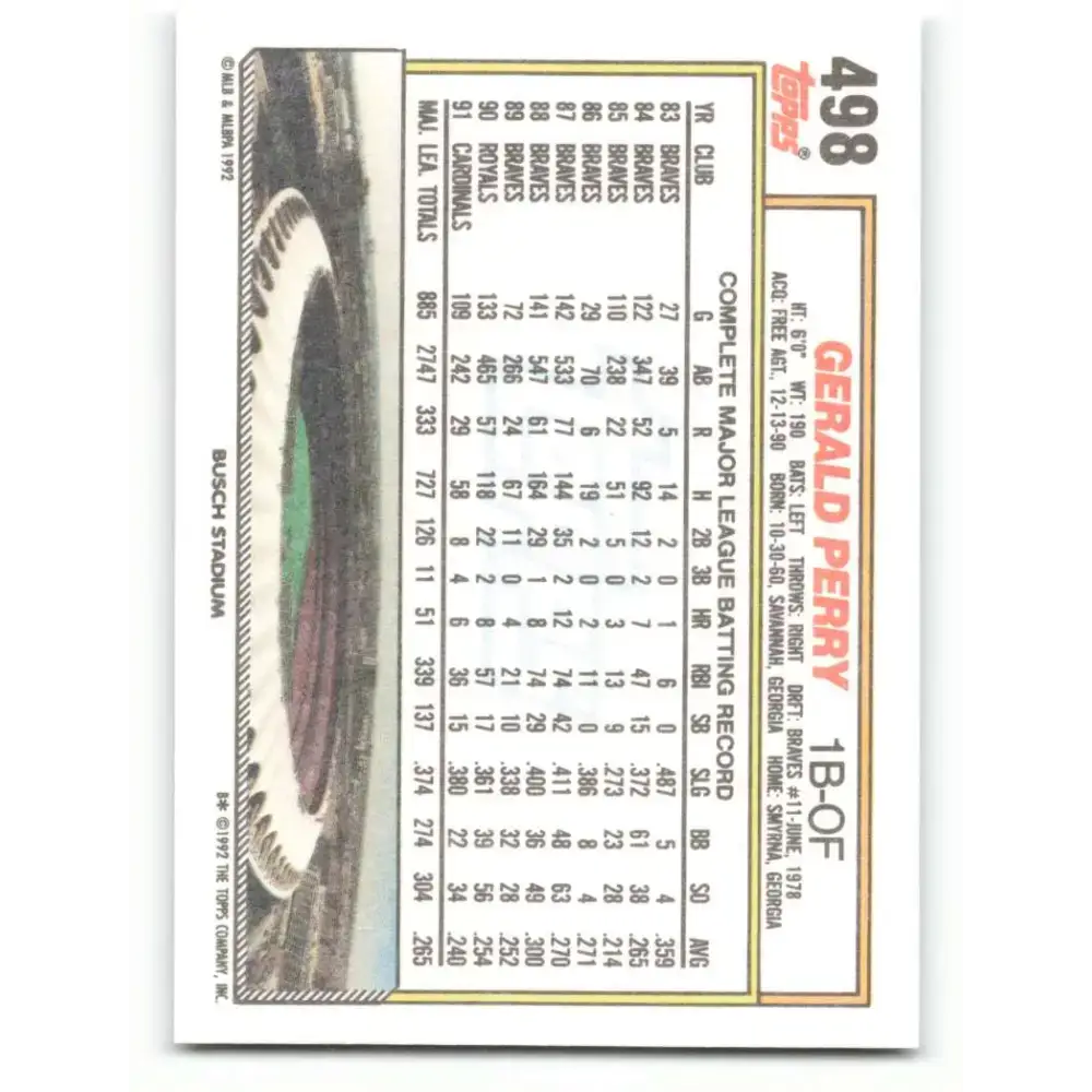 1992 Topps #498 Gerald Perry NM-MT St. Louis Cardinals Baseball Card - Baseball Card Single