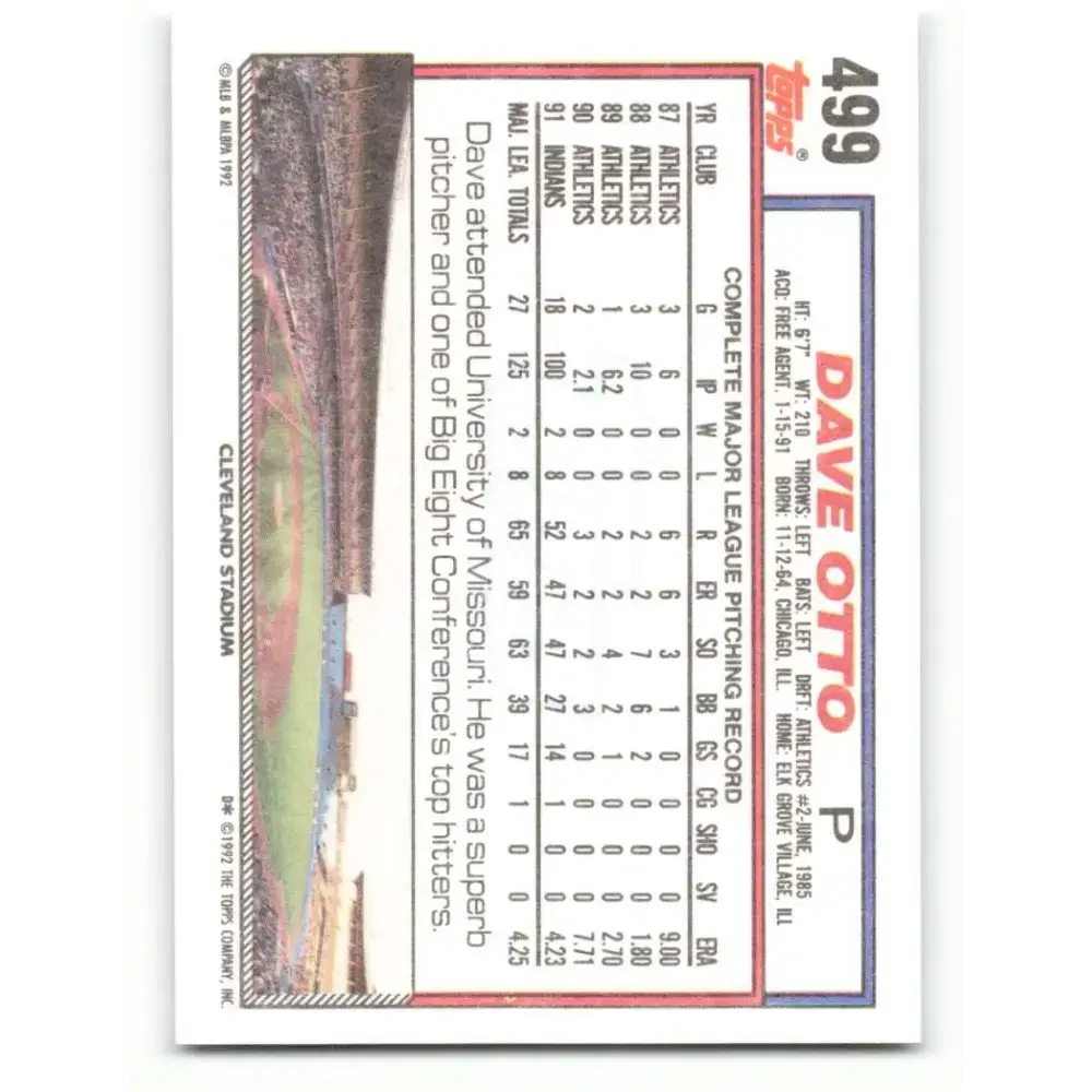 1992 Topps #499 Dave Otto NM-MT Cleveland Indians Baseball Card - Baseball Card Single