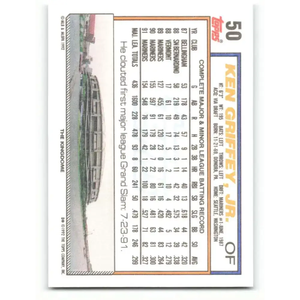 1992 Topps #50 Ken Griffey Jr. NM-MT Seattle Mariners Baseball Card - Baseball Card Single