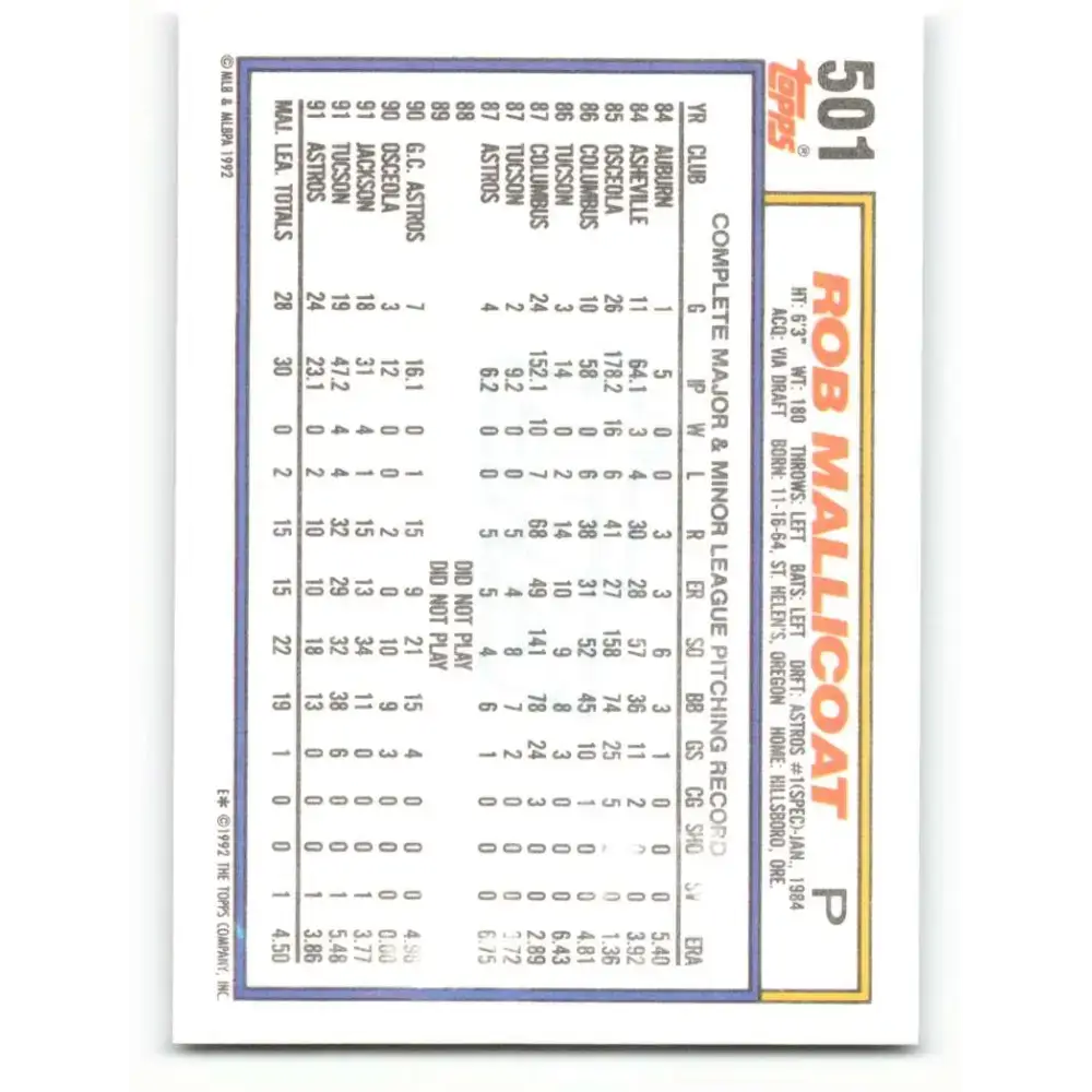 1992 Topps #501 Rob Mallicoat NM-MT Houston Astros Baseball Card - Baseball Card Single