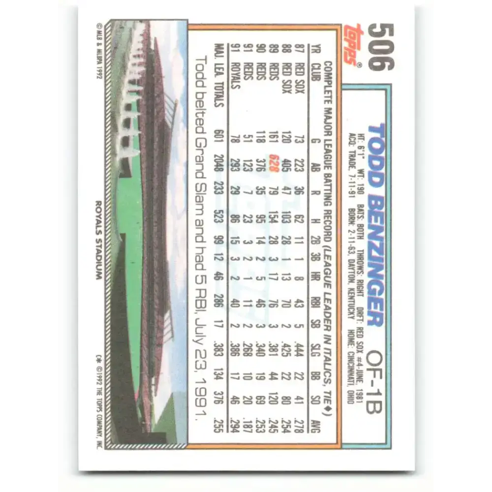 1992 Topps #506 Todd Benzinger NM-MT Kansas City Royals Baseball Card - Baseball Card Single