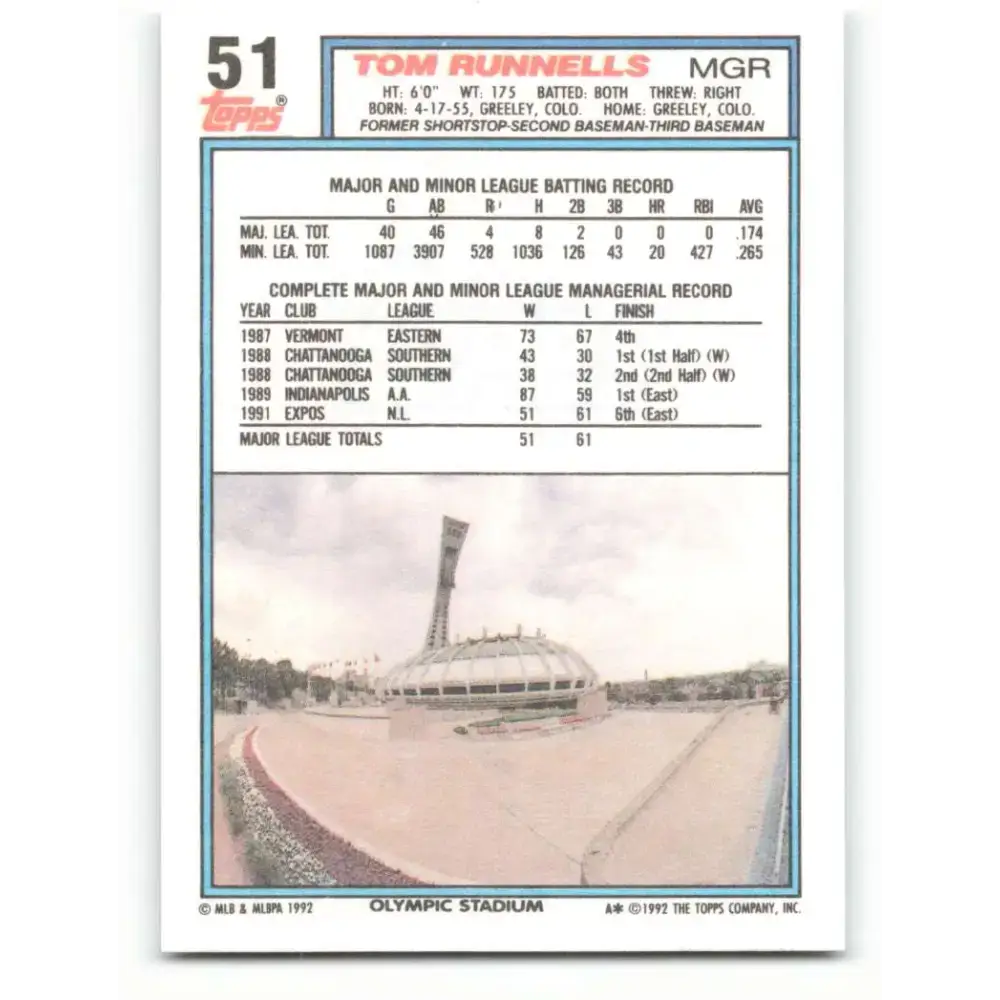 1992 Topps #51 Tom Runnells NM-MT Montreal Expos Baseball Card - Baseball Card Single